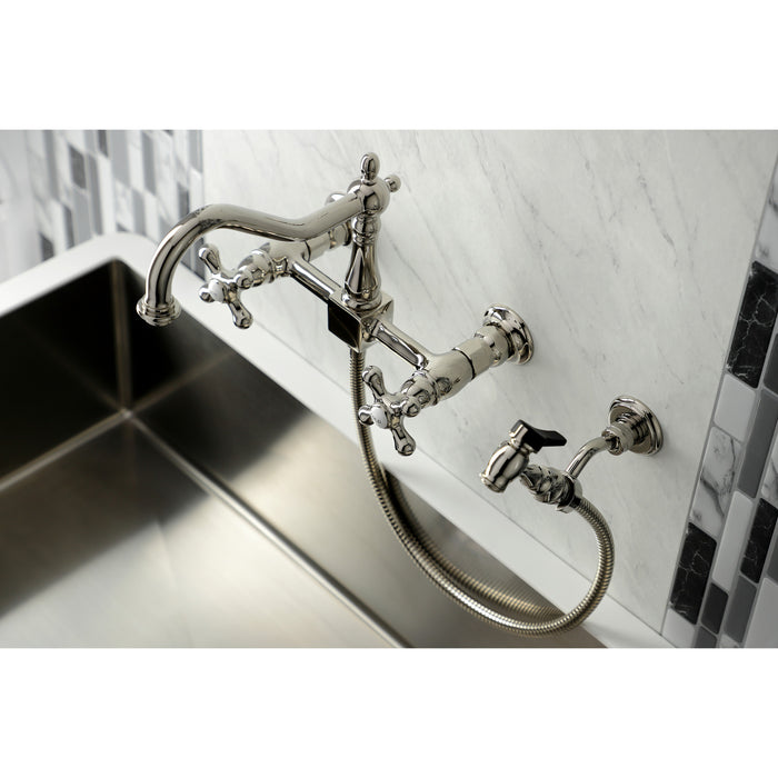 Kingston Heirloom KS1246AXBS - Heritage Two-Handle 3-Hole Wall Mount Bridge Kitchen Faucet with Brass Sprayer, Polished Nickel