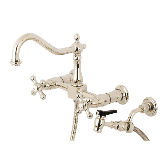 Kingston Heirloom KS1246AXBS - Heritage Two-Handle 3-Hole Wall Mount Bridge Kitchen Faucet with Brass Sprayer, Polished Nickel
