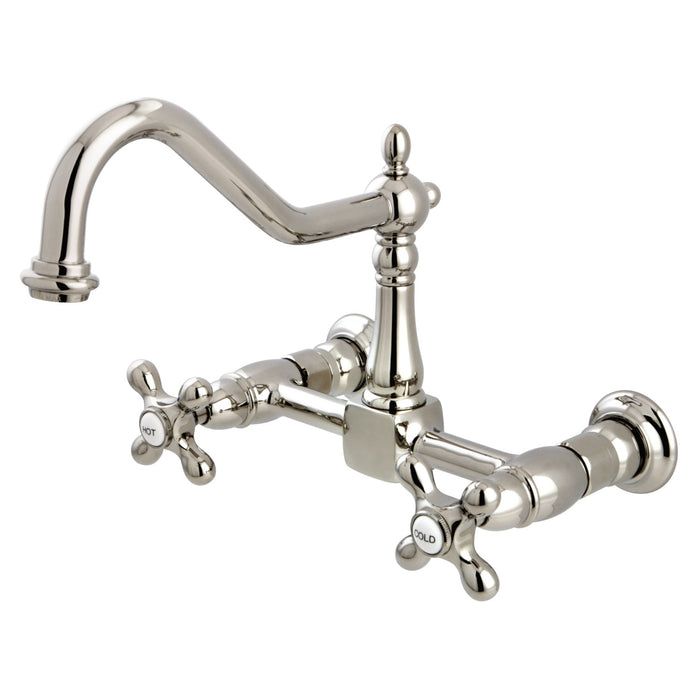 Kingston Heirloom KS1246AX - Heritage Two-Handle 2-Hole Wall Mount Bridge Kitchen Faucet, Polished Nickel