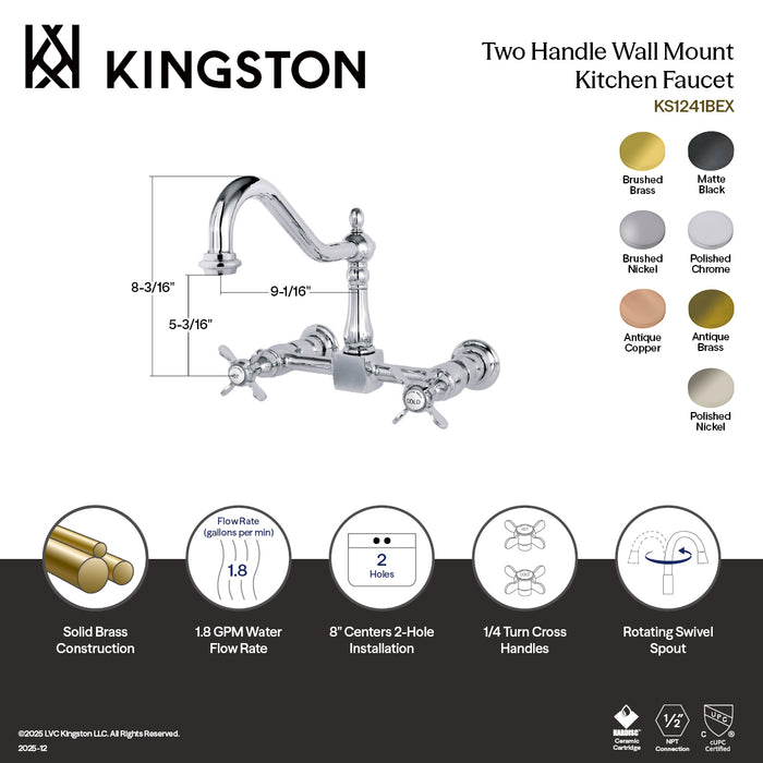 Kingston Heirloom KS1246BEX - Essex Two-Handle 2-Hole Wall Mount Bridge Kitchen Faucet, Polished Nickel