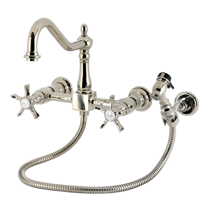 Kingston Heirloom KS1246NXBS - Hamilton Two-Handle 3-Hole Wall Mount Bridge Kitchen Faucet with Brass Sprayer, Polished Nickel