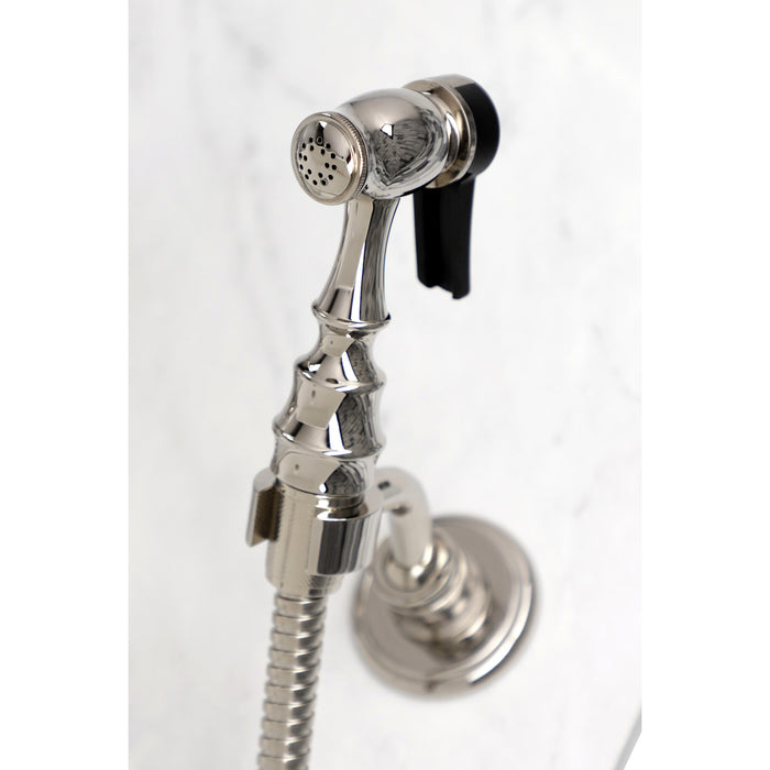 Kingston Heirloom KS1246PXBS - Heritage Two-Handle 3-Hole Wall Mount Bridge Kitchen Faucet with Brass Sprayer, Polished Nickel