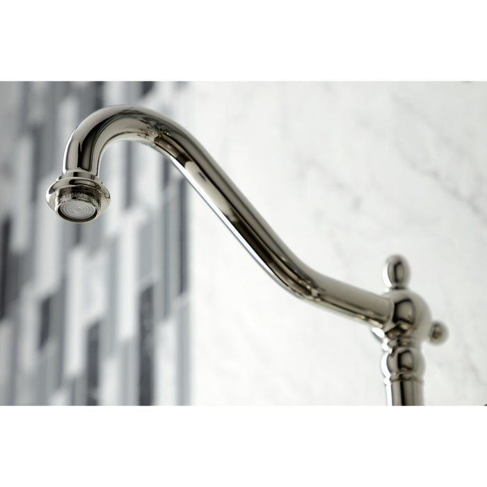Kingston Heirloom KS1246PXBS - Heritage Two-Handle 3-Hole Wall Mount Bridge Kitchen Faucet with Brass Sprayer, Polished Nickel
