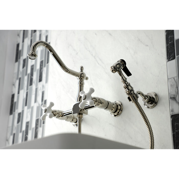 Kingston Heirloom KS1246PXBS - Heritage Two-Handle 3-Hole Wall Mount Bridge Kitchen Faucet with Brass Sprayer, Polished Nickel
