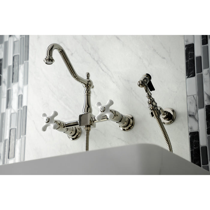 Kingston Heirloom KS1246PXBS - Heritage Two-Handle 3-Hole Wall Mount Bridge Kitchen Faucet with Brass Sprayer, Polished Nickel