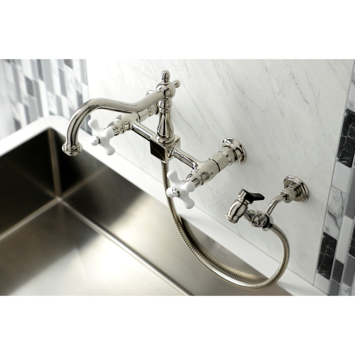 Kingston Heirloom KS1246PXBS - Heritage Two-Handle 3-Hole Wall Mount Bridge Kitchen Faucet with Brass Sprayer, Polished Nickel