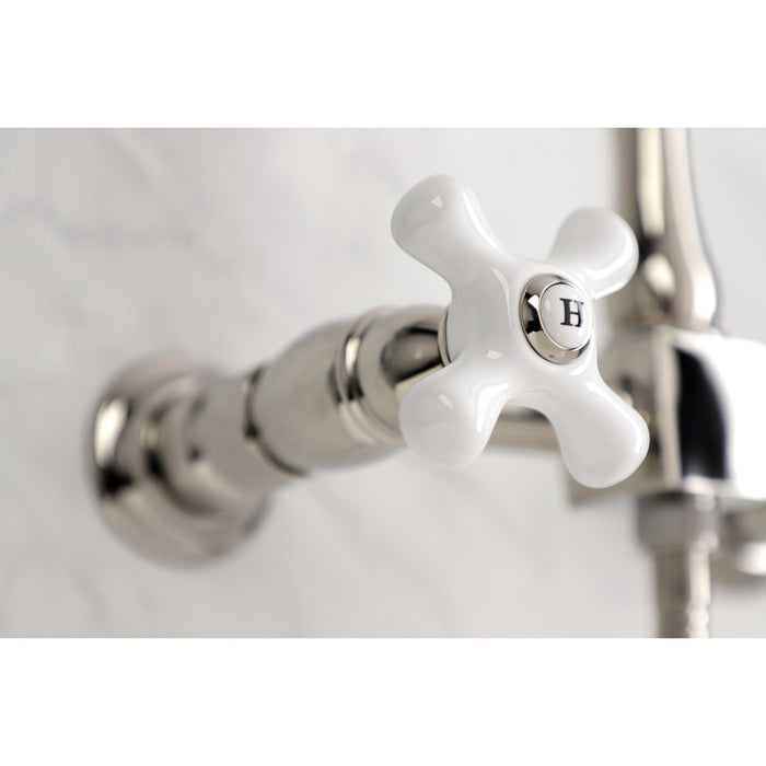 Kingston Heirloom KS1246PXBS - Heritage Two-Handle 3-Hole Wall Mount Bridge Kitchen Faucet with Brass Sprayer, Polished Nickel