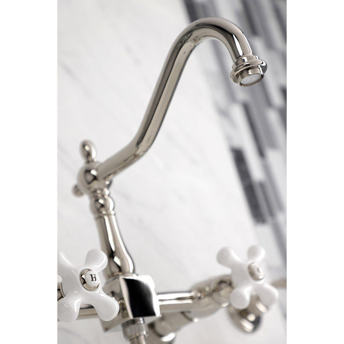 Kingston Heirloom KS1246PXBS - Heritage Two-Handle 3-Hole Wall Mount Bridge Kitchen Faucet with Brass Sprayer, Polished Nickel