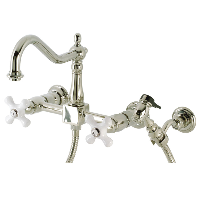 Kingston Heirloom KS1246PXBS - Heritage Two-Handle 3-Hole Wall Mount Bridge Kitchen Faucet with Brass Sprayer, Polished Nickel