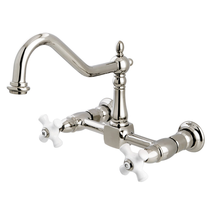 Kingston Heirloom KS1246PX - Heritage Two-Handle 2-Hole Wall Mount Bridge Kitchen Faucet, Polished Nickel