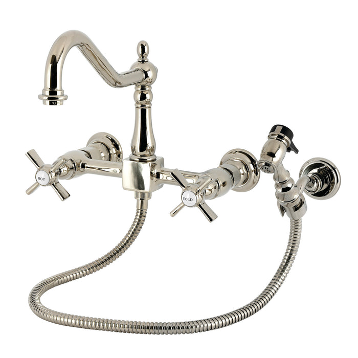 Kingston Heirloom KS1246ZXBS - Millennium Two-Handle 3-Hole Wall Mount Bridge Kitchen Faucet with Brass Sprayer, Polished Nickel