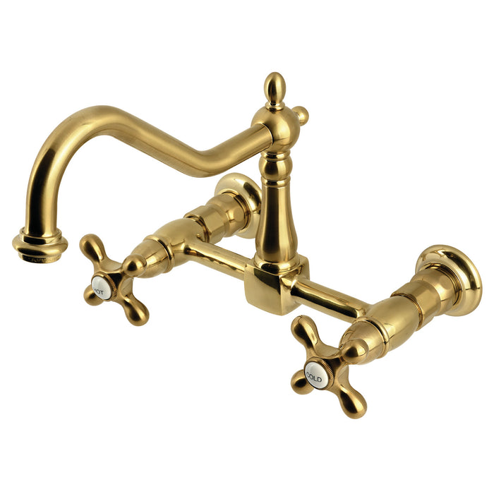 Kingston Heirloom KS1247AX - Heritage Two-Handle 2-Hole Wall Mount Bridge Kitchen Faucet, Brushed Brass