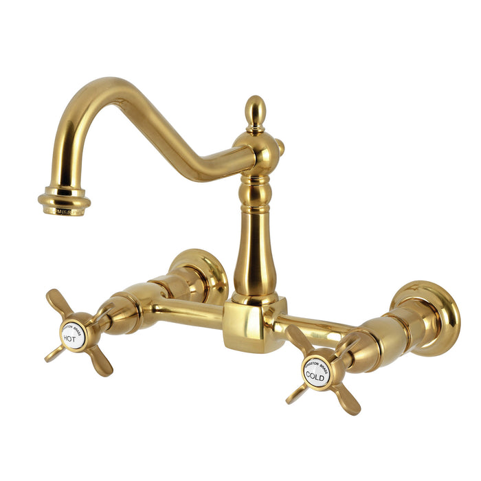 Kingston Heirloom KS1247BEX - Essex Two-Handle 2-Hole Wall Mount Bridge Kitchen Faucet, Brushed Brass