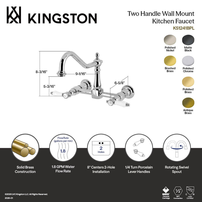 Kingston Heirloom KS1247BPL - Bel-Air Two-Handle Wall Mount Bridge Kitchen Faucet, Brushed Brass