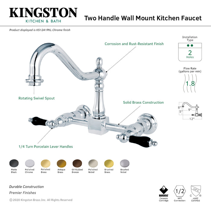 Kingston Heirloom KS1247PKL - Duchess Two-Handle 2-Hole Wall Mount Bridge Kitchen Faucet, Brushed Brass