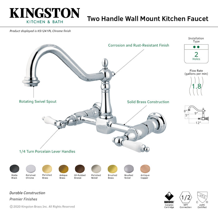 Kingston Heirloom KS1247PL - Heritage Two-Handle 2-Hole Wall Mount Bridge Kitchen Faucet, Brushed Brass