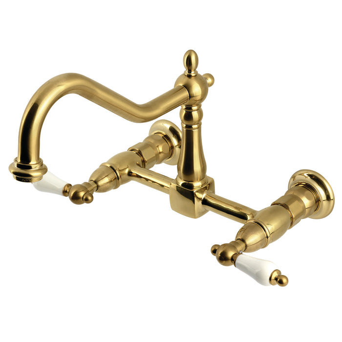 Kingston Heirloom KS1247PL - Heritage Two-Handle 2-Hole Wall Mount Bridge Kitchen Faucet, Brushed Brass