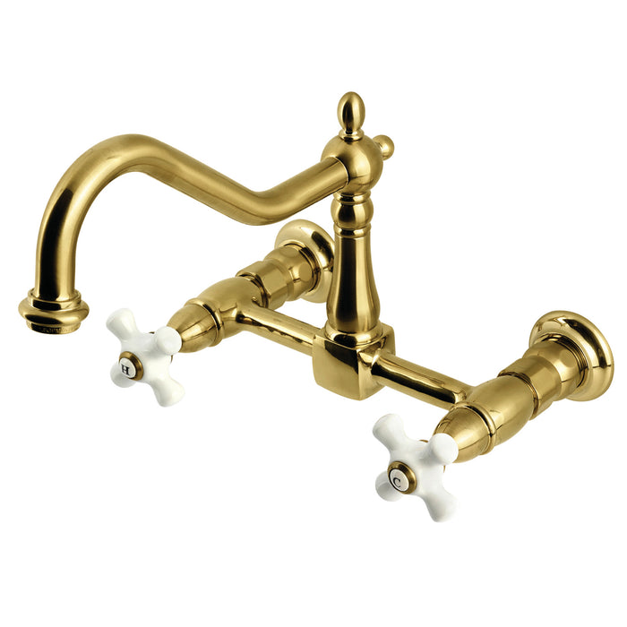 Kingston Heirloom KS1247PX - Heritage Two-Handle 2-Hole Wall Mount Bridge Kitchen Faucet, Brushed Brass