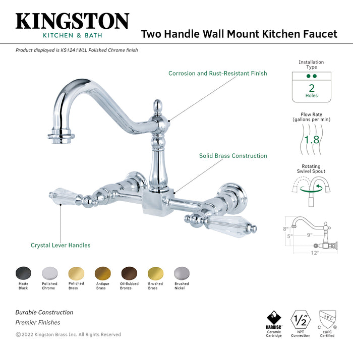Kingston Heirloom KS1247WLL - Wilshire Two-Handle 2-Hole Wall Mount Bridge Kitchen Faucet, Brushed Brass