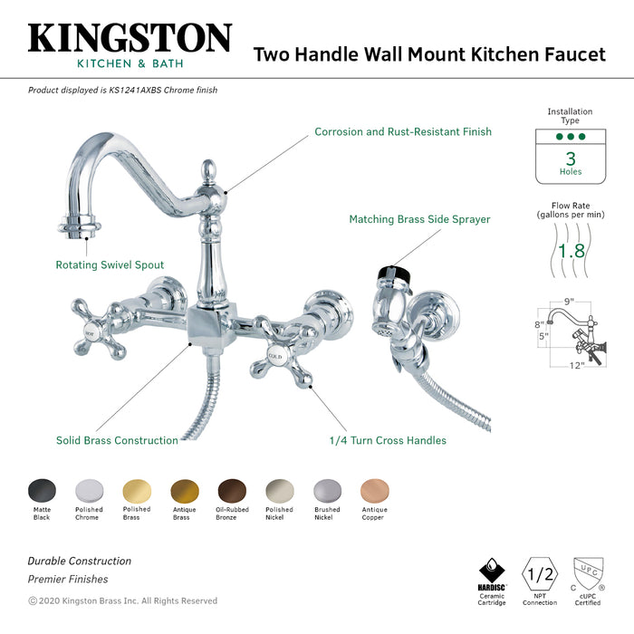 Kingston Heirloom KS1248AXBS - Heritage Two-Handle 3-Hole Wall Mount Bridge Kitchen Faucet with Brass Sprayer, Brushed Nickel