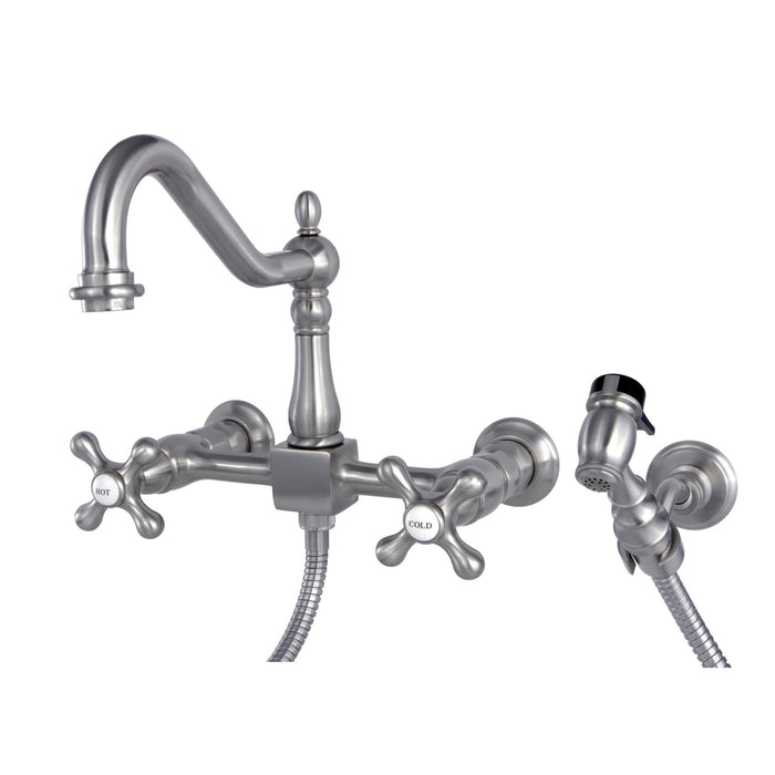 Kingston Heirloom KS1248AXBS - Heritage Two-Handle 3-Hole Wall Mount Bridge Kitchen Faucet with Brass Sprayer, Brushed Nickel