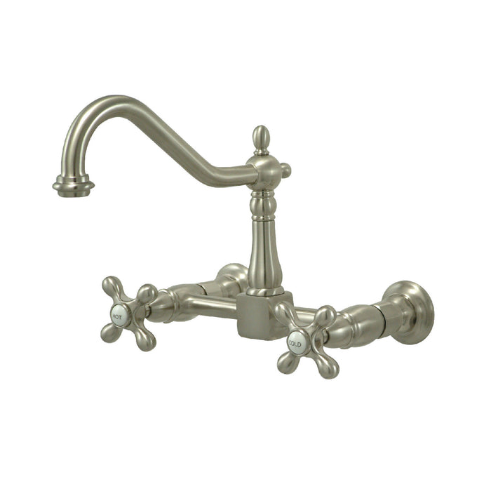 Kingston Heirloom KS1248AX - Heritage Two-Handle 2-Hole Wall Mount Bridge Kitchen Faucet, Brushed Nickel