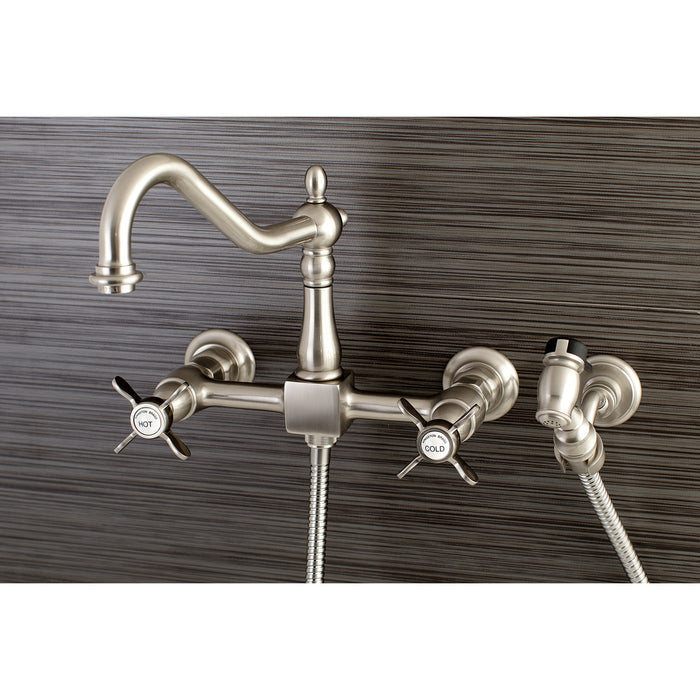 Kingston Heirloom KS1248BEXBS - Essex Two-Handle 3-Hole Wall Mount Bridge Kitchen Faucet with Brass Sprayer, Brushed Nickel