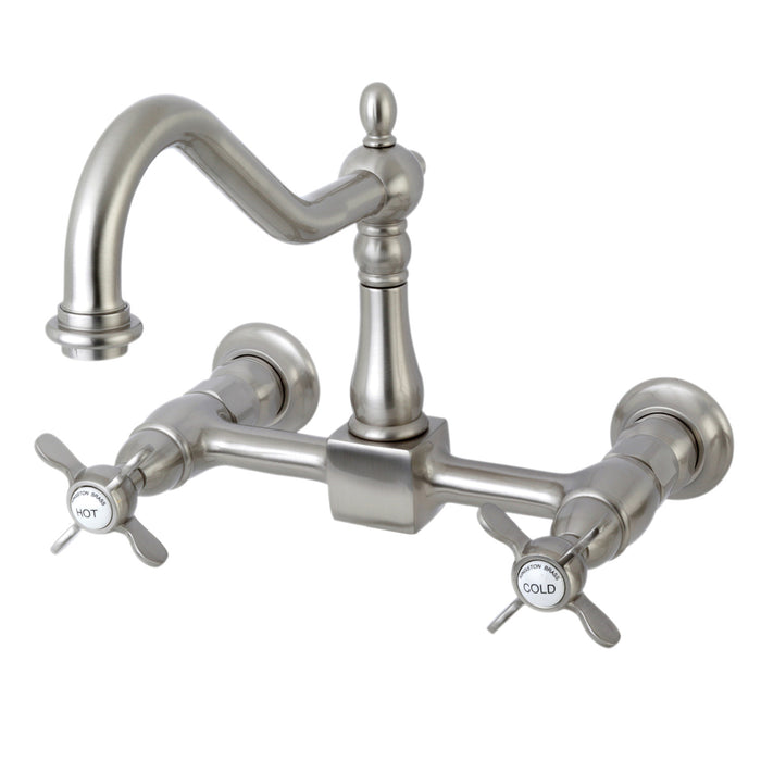 Kingston Heirloom KS1248BEX - Essex Two-Handle 2-Hole Wall Mount Bridge Kitchen Faucet, Brushed Nickel