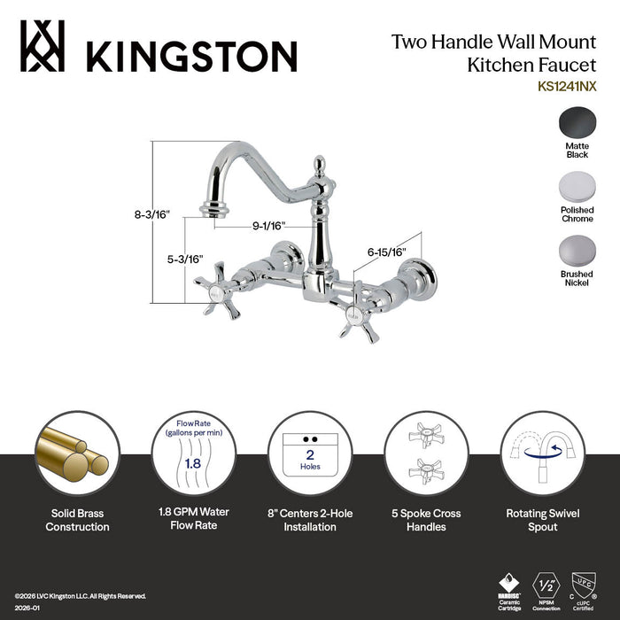 Kingston Heirloom KS1248NX - Hamilton Two-Handle 2-Hole Wall Mount Bridge Kitchen Faucet, Brushed Nickel