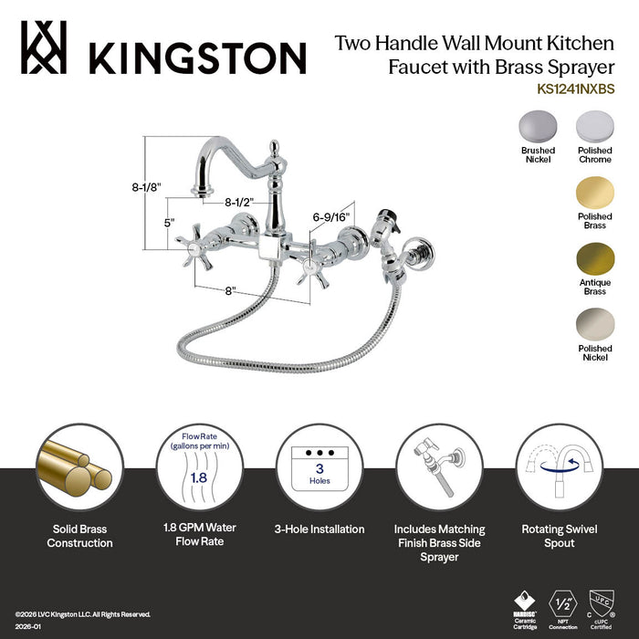 Kingston Heirloom KS1248NXBS - Hamilton Two-Handle 3-Hole Wall Mount Bridge Kitchen Faucet with Brass Sprayer, Brushed Nickel