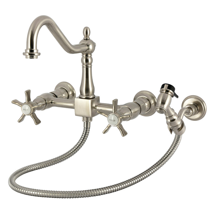 Kingston Heirloom KS1248NXBS - Hamilton Two-Handle 3-Hole Wall Mount Bridge Kitchen Faucet with Brass Sprayer, Brushed Nickel