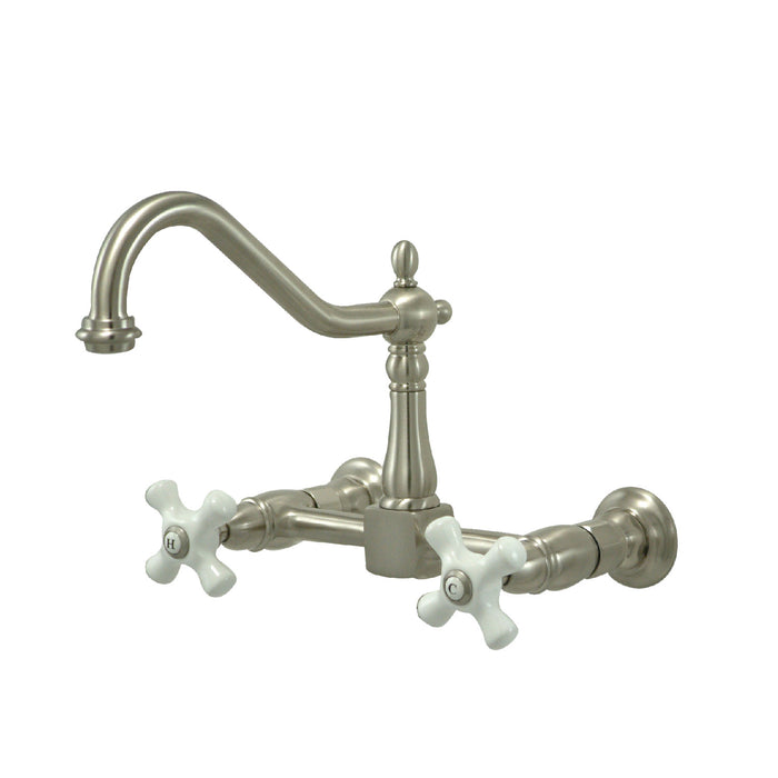 Kingston Heirloom KS1248PX - Heritage Two-Handle 2-Hole Wall Mount Bridge Kitchen Faucet, Brushed Nickel