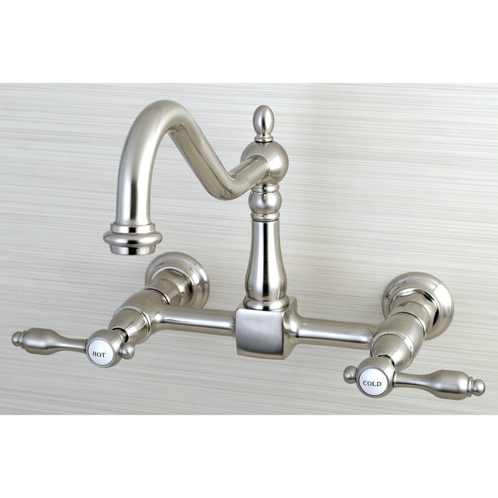 Kingston Heirloom KS1248TAL - Tudor Two-Handle 2-Hole Wall Mount Bridge Kitchen Faucet, Brushed Nickel