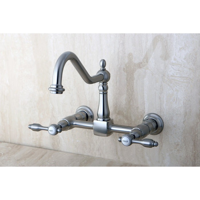 Kingston Heirloom KS1248TAL - Tudor Two-Handle 2-Hole Wall Mount Bridge Kitchen Faucet, Brushed Nickel