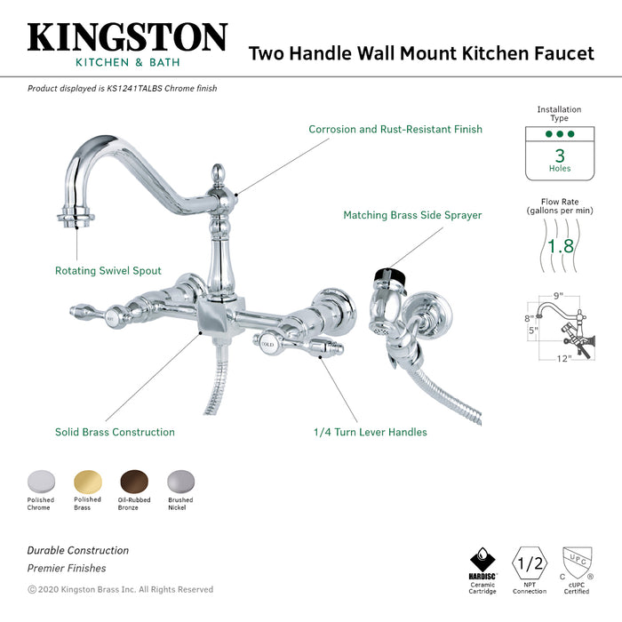 Kingston Heirloom KS1248TALBS - Tudor Two-Handle 3-Hole Wall Mount Bridge Kitchen Faucet with Brass Sprayer, Brushed Nickel