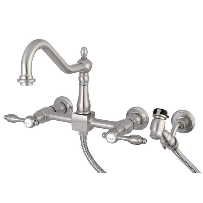 Kingston Heirloom KS1248TALBS - Tudor Two-Handle 3-Hole Wall Mount Bridge Kitchen Faucet with Brass Sprayer, Brushed Nickel