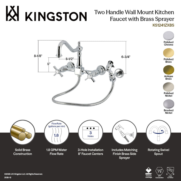 Kingston Heirloom KS1248ZXBS - Millennium Two-Handle 3-Hole Wall Mount Bridge Kitchen Faucet with Brass Sprayer, Brushed Nickel