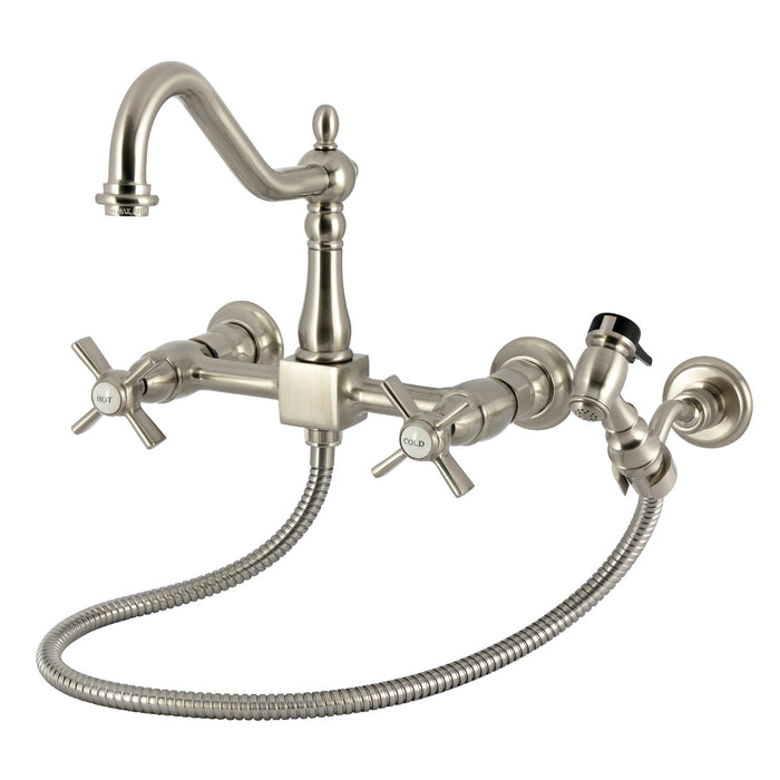 Kingston Heirloom KS1248ZXBS - Millennium Two-Handle 3-Hole Wall Mount Bridge Kitchen Faucet with Brass Sprayer, Brushed Nickel
