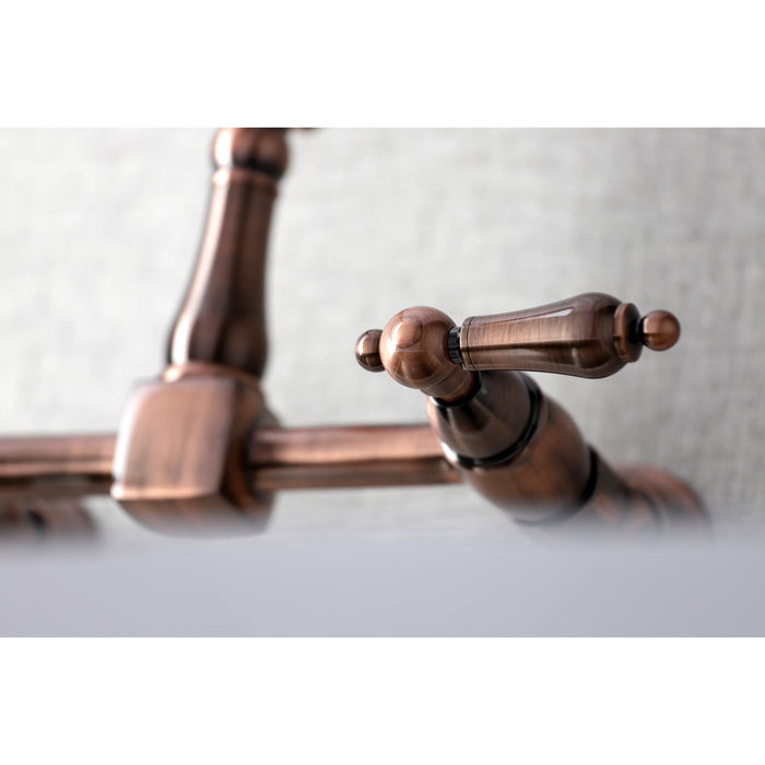 Kingston Heirloom KS124ALAC - Heritage Two-Handle 2-Hole Wall Mount Bridge Kitchen Faucet, Antique Copper