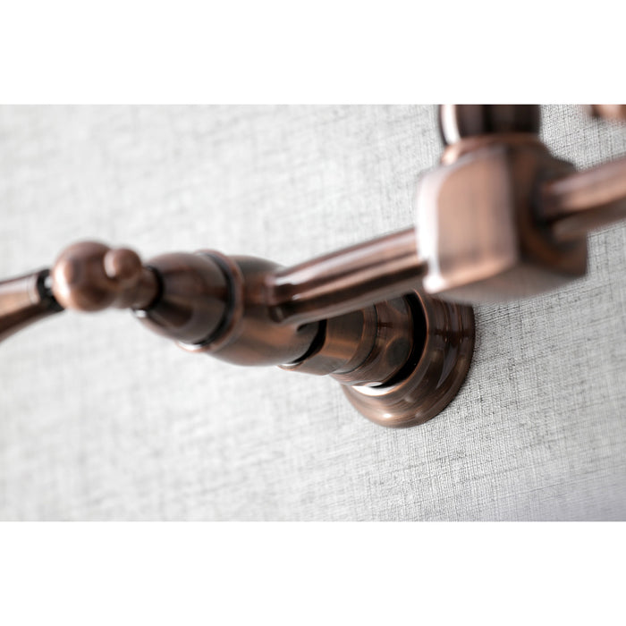 Kingston Heirloom KS124ALAC - Heritage Two-Handle 2-Hole Wall Mount Bridge Kitchen Faucet, Antique Copper