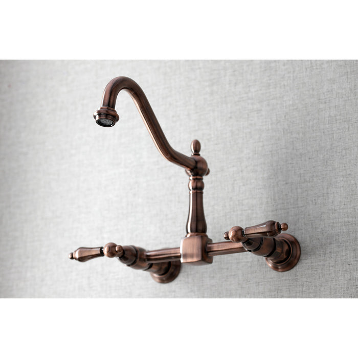 Kingston Heirloom KS124ALAC - Heritage Two-Handle 2-Hole Wall Mount Bridge Kitchen Faucet, Antique Copper