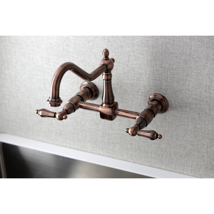 Kingston Heirloom KS124ALAC - Heritage Two-Handle 2-Hole Wall Mount Bridge Kitchen Faucet, Antique Copper