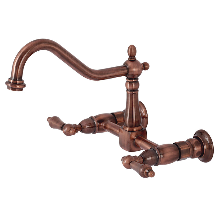 Kingston Heirloom KS124ALAC - Heritage Two-Handle 2-Hole Wall Mount Bridge Kitchen Faucet, Antique Copper