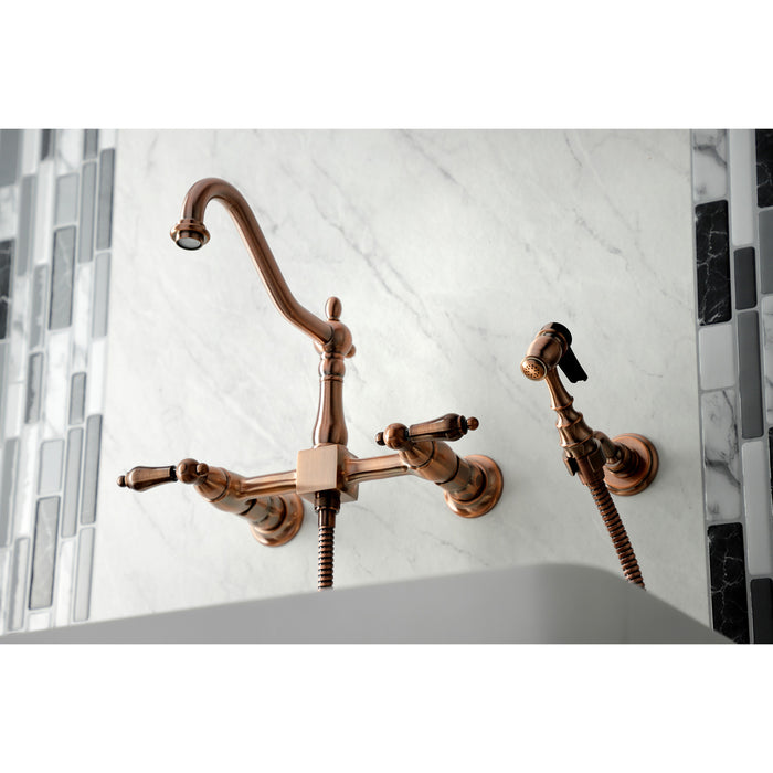 Heritage KS124ALBSAC Two-Handle 2-Hole Wall Mount Bridge Kitchen Faucet with Brass Sprayer, Antique Copper