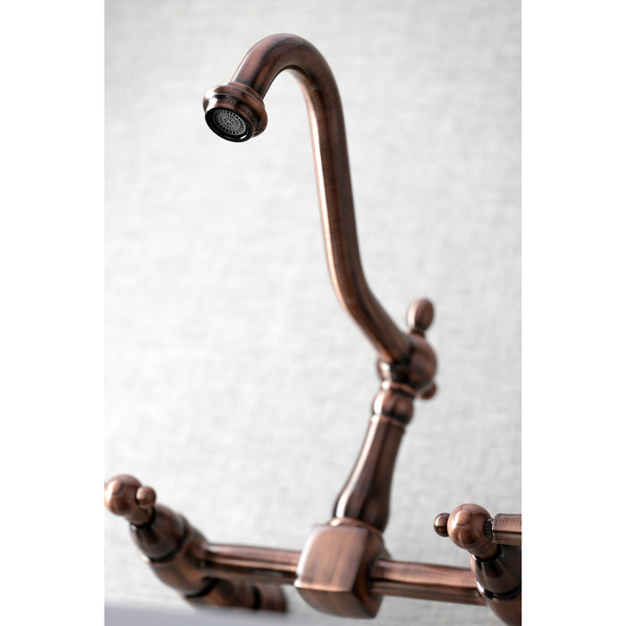 Kingston Heirloom KS124AXAC - Heritage Two-Handle 2-Hole Wall Mount Bridge Kitchen Faucet, Antique Copper