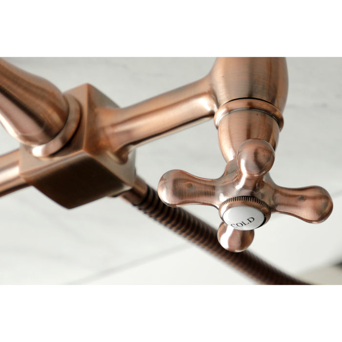 Heritage KS124AXBSAC Double-Handle 3-Hole Wall-Mount Bridge Kitchen Faucet with Brass Sprayer, Antique Copper