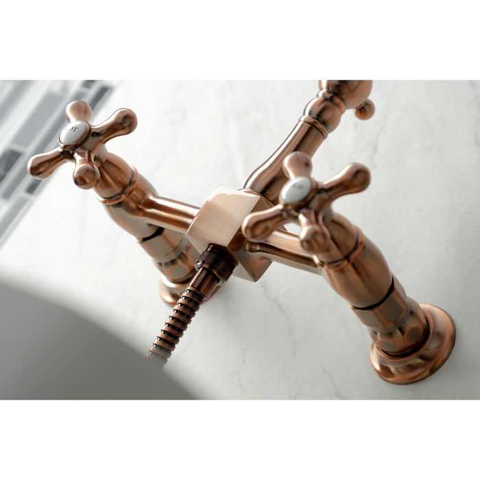 Heritage KS124AXBSAC Double-Handle 3-Hole Wall-Mount Bridge Kitchen Faucet with Brass Sprayer, Antique Copper
