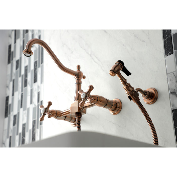 Heritage KS124AXBSAC Double-Handle 3-Hole Wall-Mount Bridge Kitchen Faucet with Brass Sprayer, Antique Copper