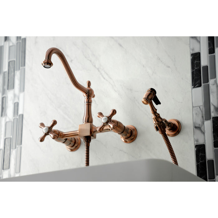 Heritage KS124AXBSAC Double-Handle 3-Hole Wall-Mount Bridge Kitchen Faucet with Brass Sprayer, Antique Copper