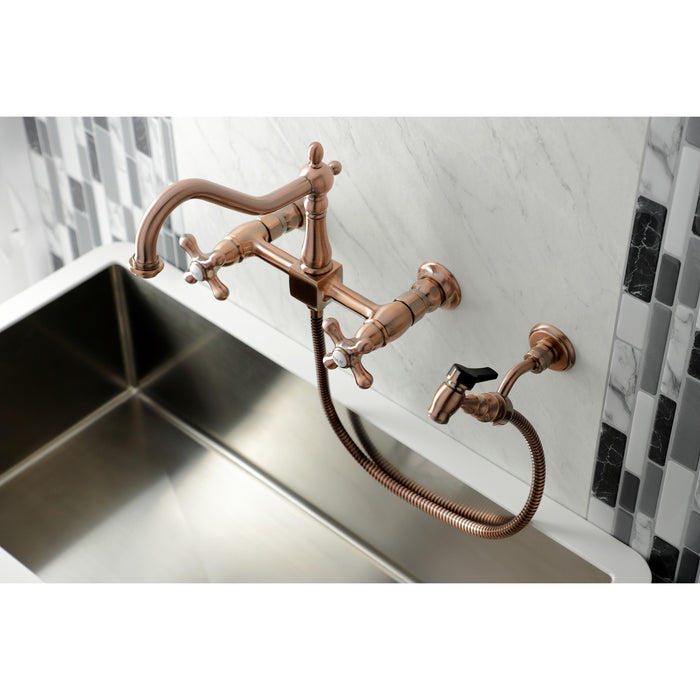 Heritage KS124AXBSAC Double-Handle 3-Hole Wall-Mount Bridge Kitchen Faucet with Brass Sprayer, Antique Copper